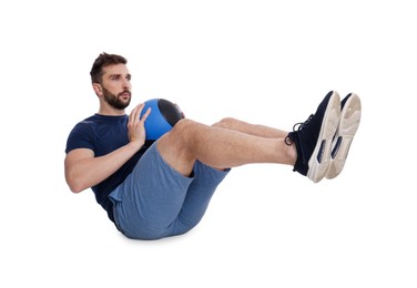 Photo of Athletic man doing exercise with medicine ball isolated on white