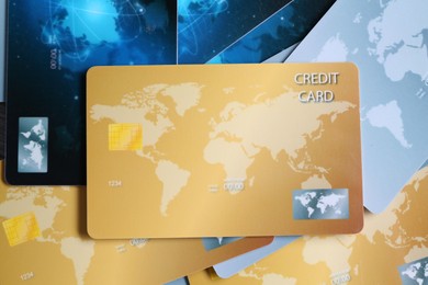 Photo of Many credit cards as background, flat lay