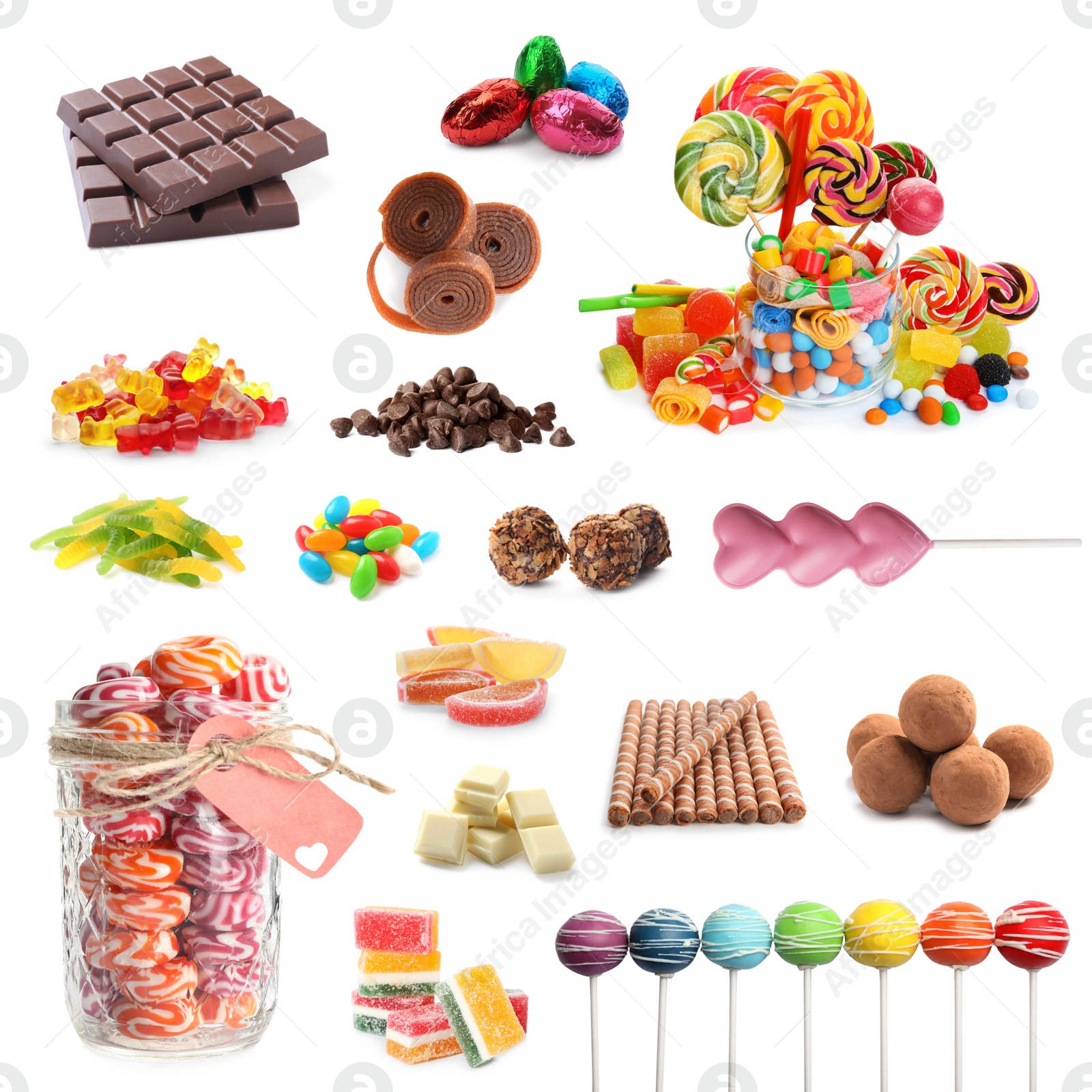 Image of Collection of different delicious confectionery on white background