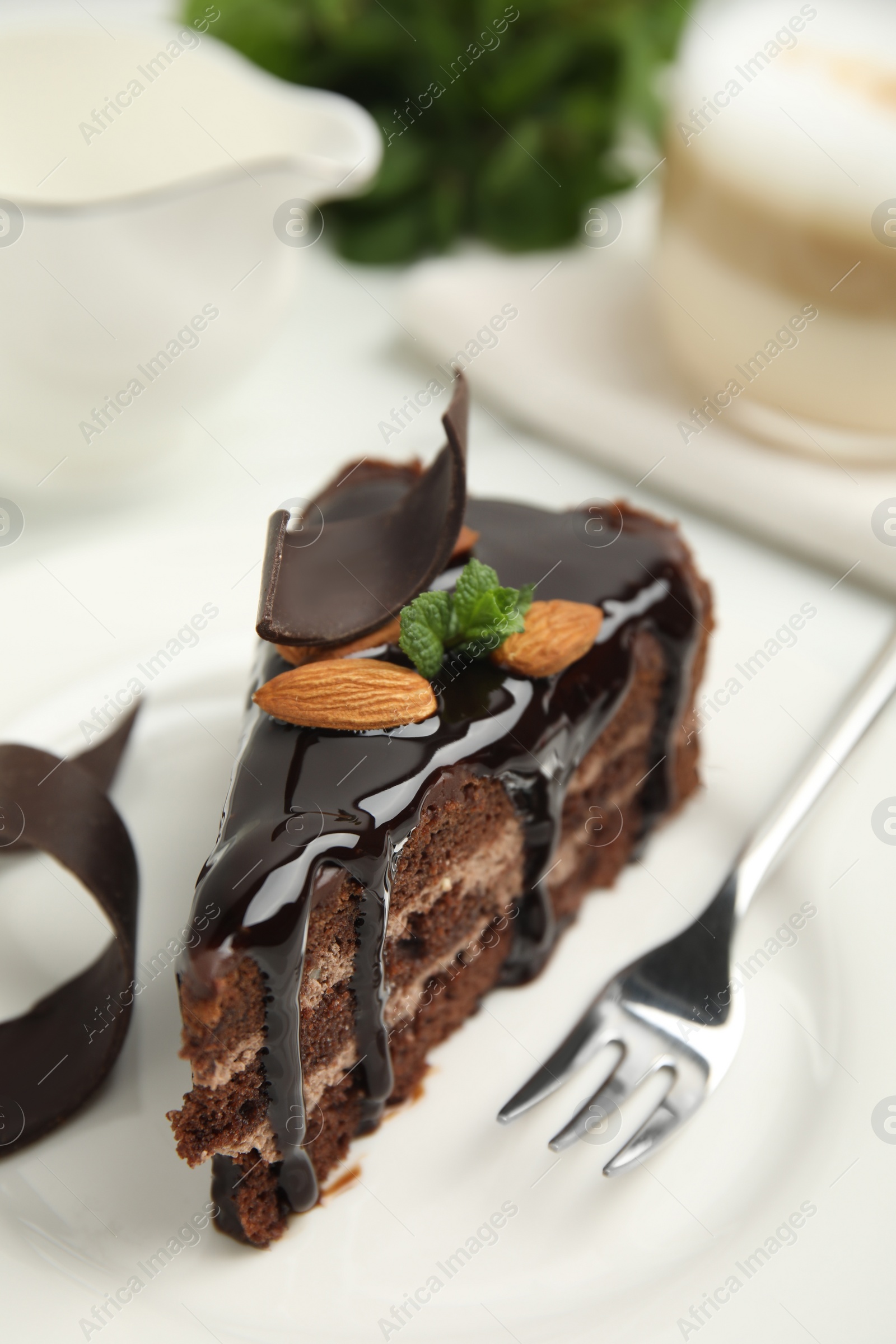 Photo of Piece of tasty homemade chocolate cake with mint and almonds on plate, closeup