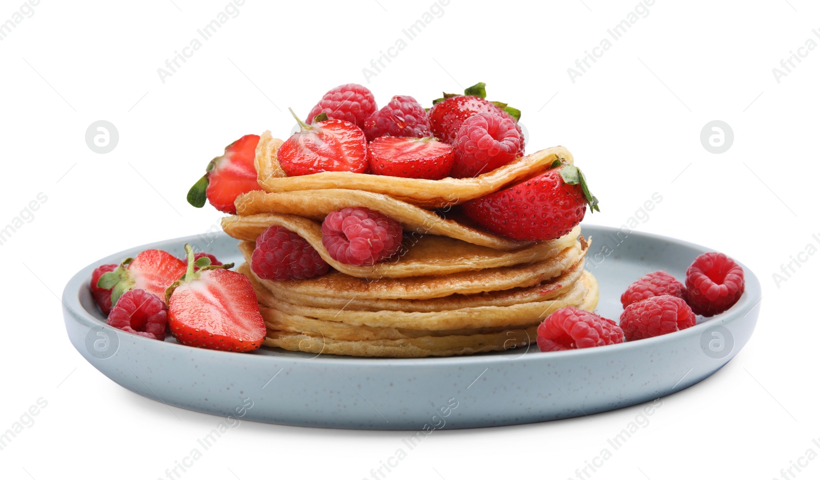 Photo of Tasty pancakes with fresh berries on white background