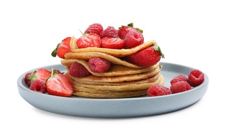 Tasty pancakes with fresh berries on white background