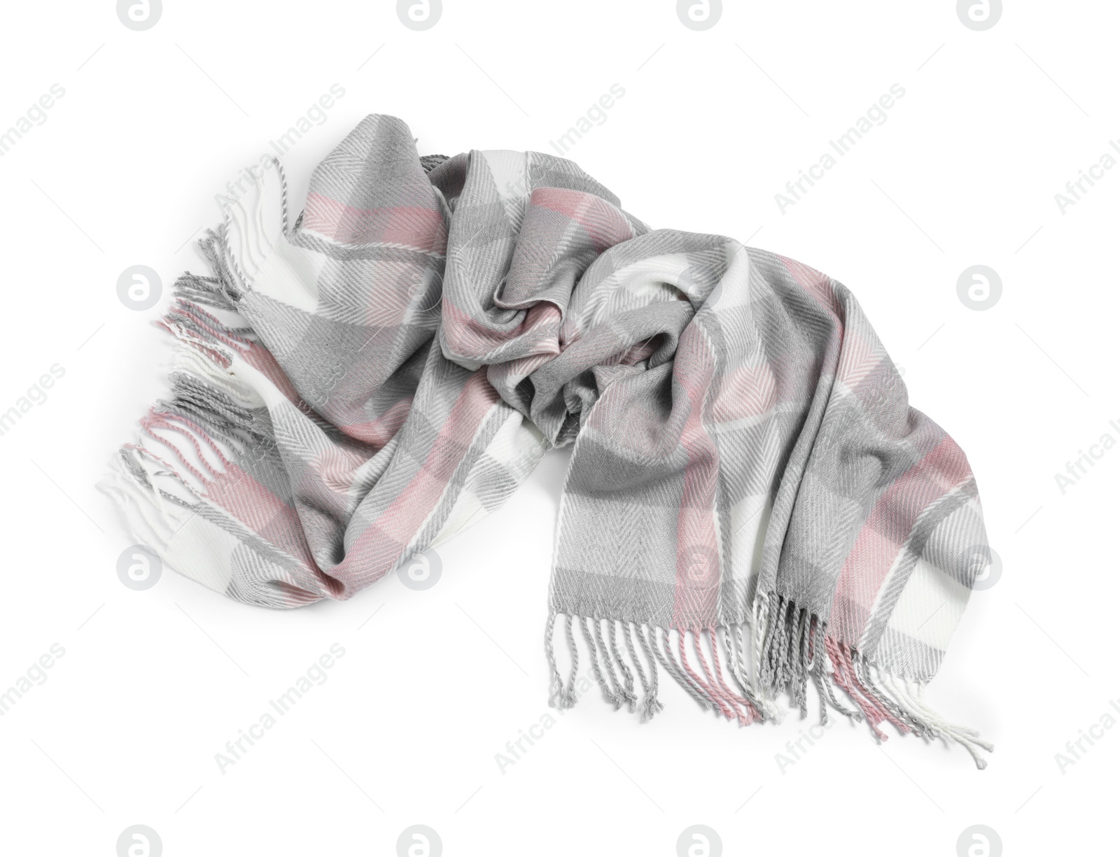 Photo of One beautiful checkered scarf on white background, top view