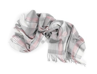 Photo of One beautiful checkered scarf on white background, top view