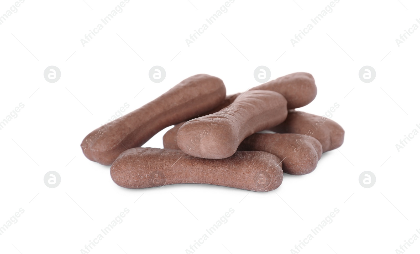 Photo of Bone shaped dog cookies on white background