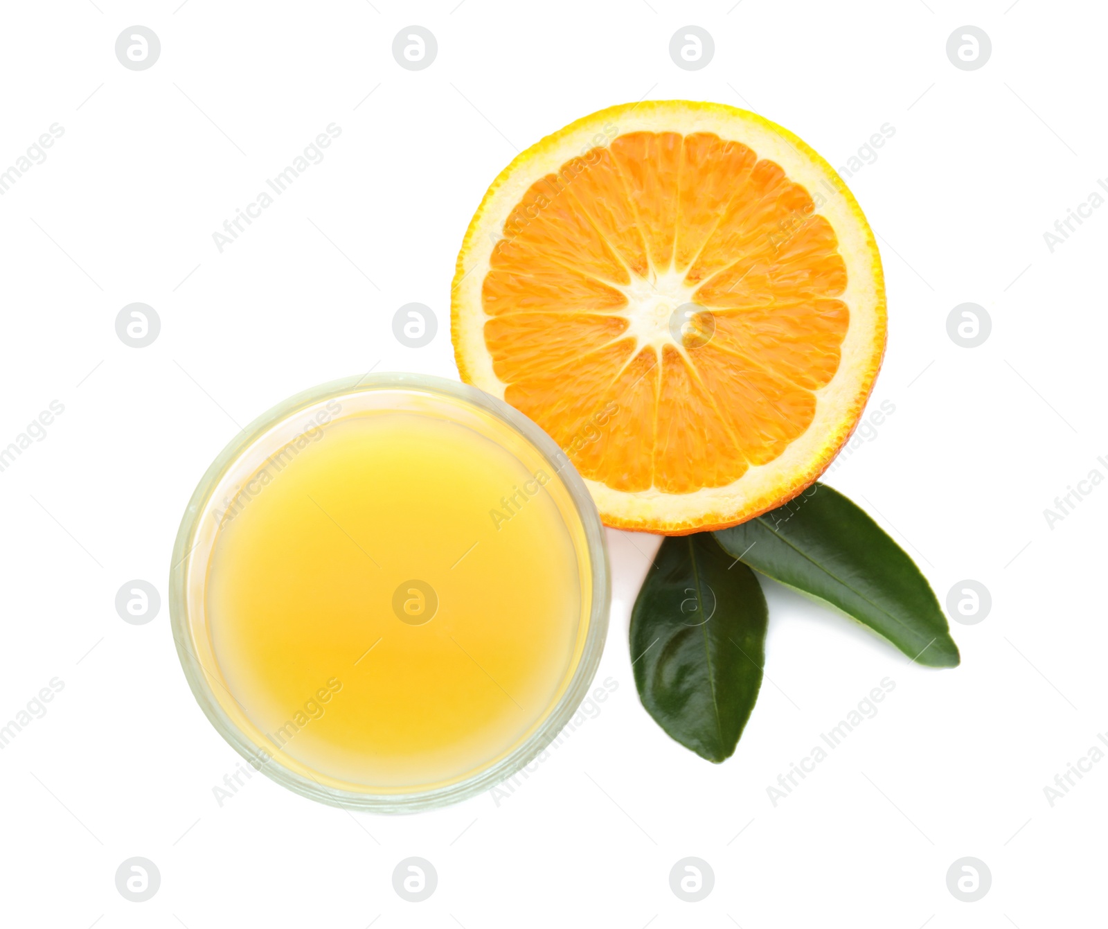 Photo of Glass with orange juice and fresh fruit on white background, top view