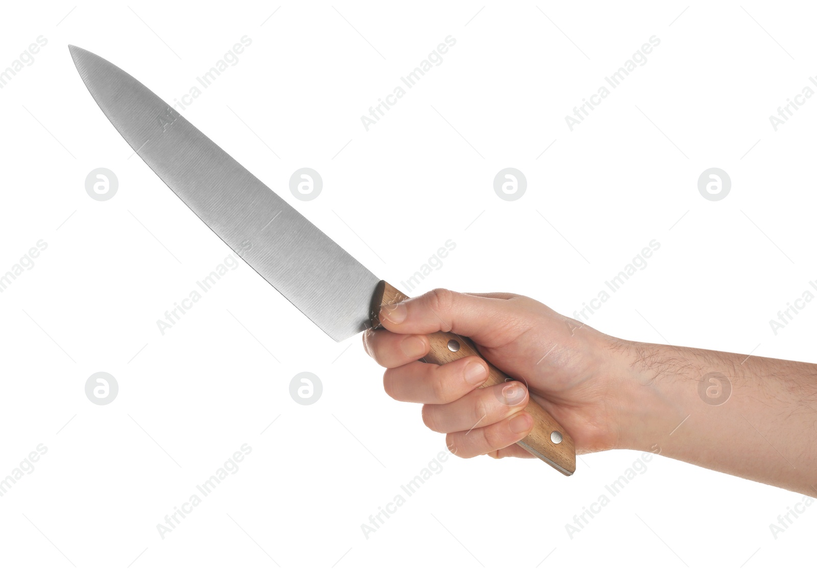 Photo of Man holding chef's knife on white background, closeup