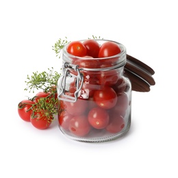 Pickling jar with fresh tomatoes on white background