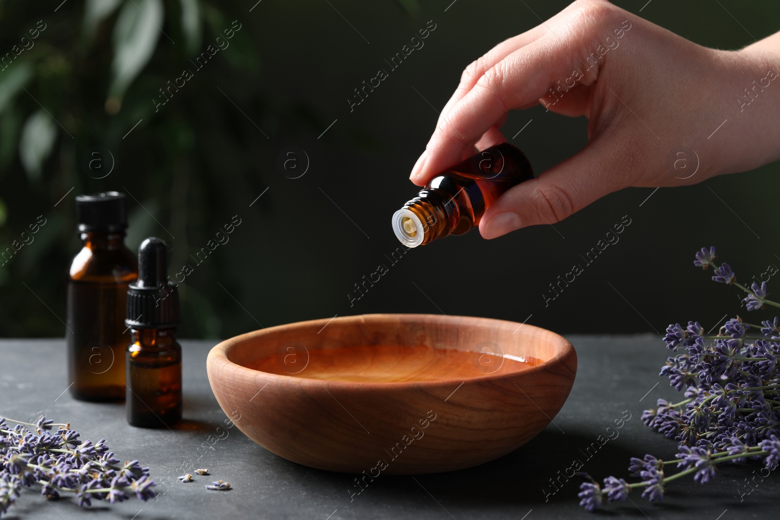 Photo of Woman dripping essential oil from bottle into bowl near lavender at grey table, closeup