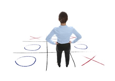 Image of Woman and illustration of tic-tac-toe game on white background, back view. Business strategy concept 