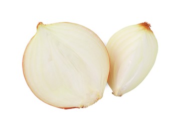 Pieces of fresh onion on white background, top view