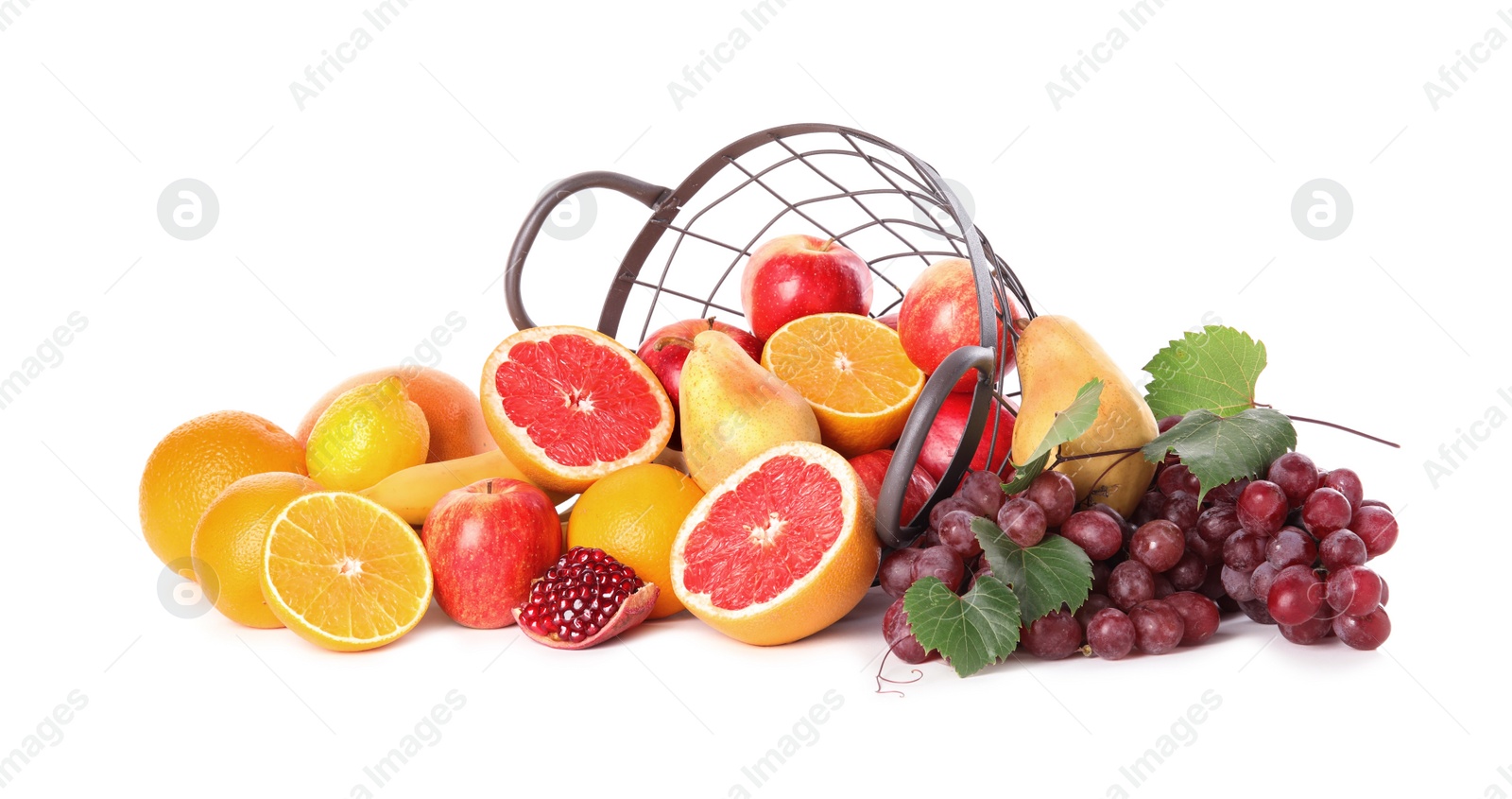 Photo of Metal basket with different fruits on white background