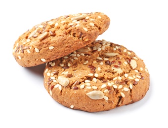 Photo of Grain cereal cookies on white background. Healthy snack
