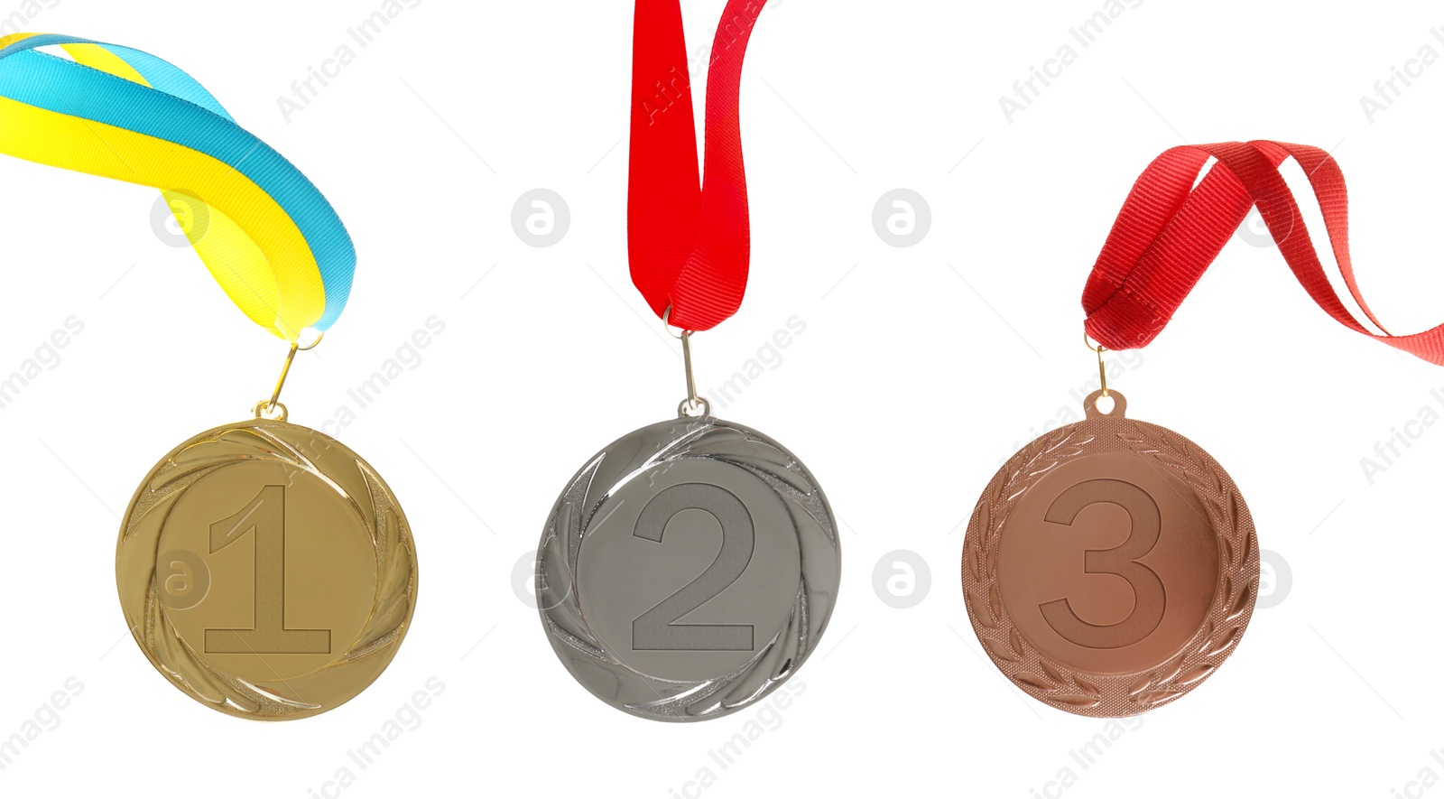 Image of Gold, silver and bronze medals isolated on white, set