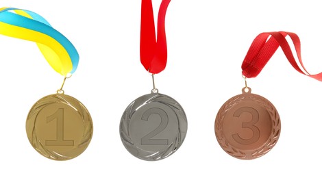 Gold, silver and bronze medals isolated on white, set