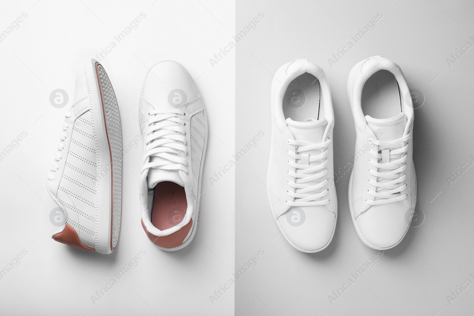 Photo of Pair of trendy sneakers on light background, flat lay