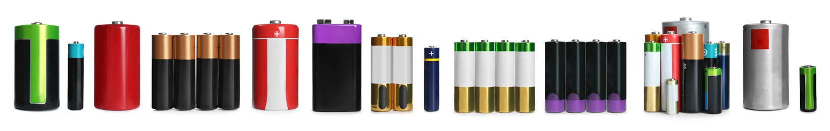 Image of Many batteries of different types on white background, collage. Banner design