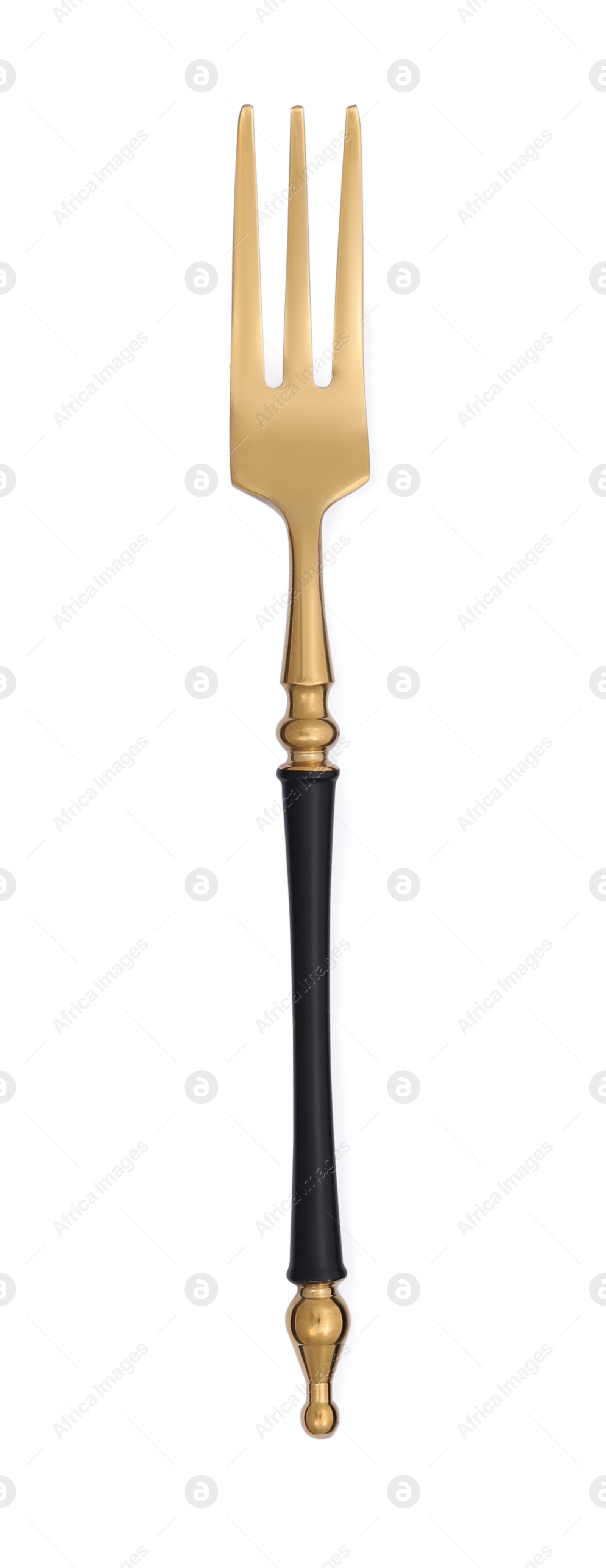 Photo of Clean shiny golden fork isolated on white, top view