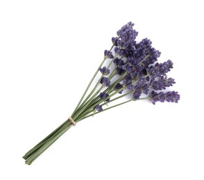 Photo of Bunch of aromatic lavender flowers on white background, top view