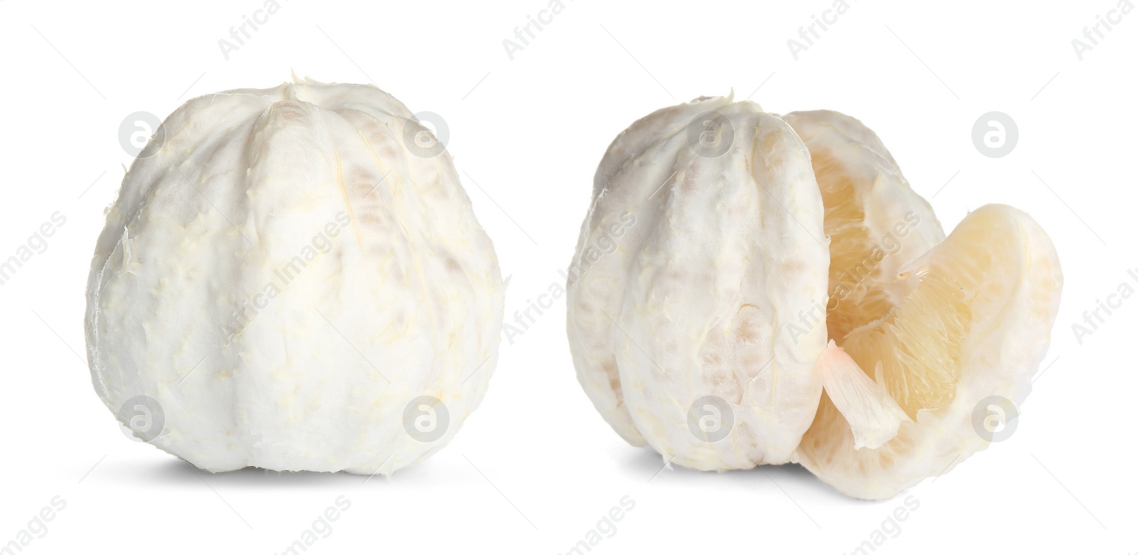 Image of Fresh peeled pomelo fruits on white background