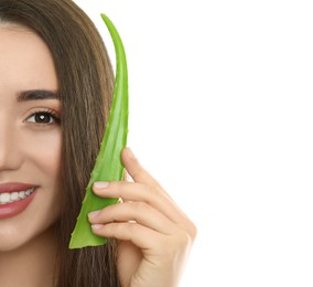 Photo of Young woman with aloe vera leaf on white background, closeup
