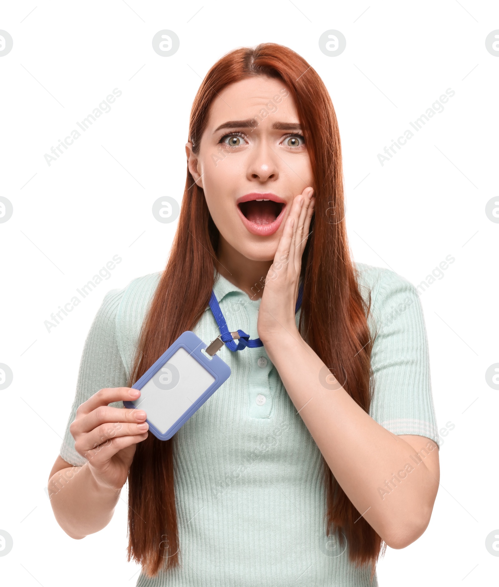 Photo of Shocked woman holding vip pass badge on white background