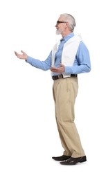 Senior man greeting someone on white background