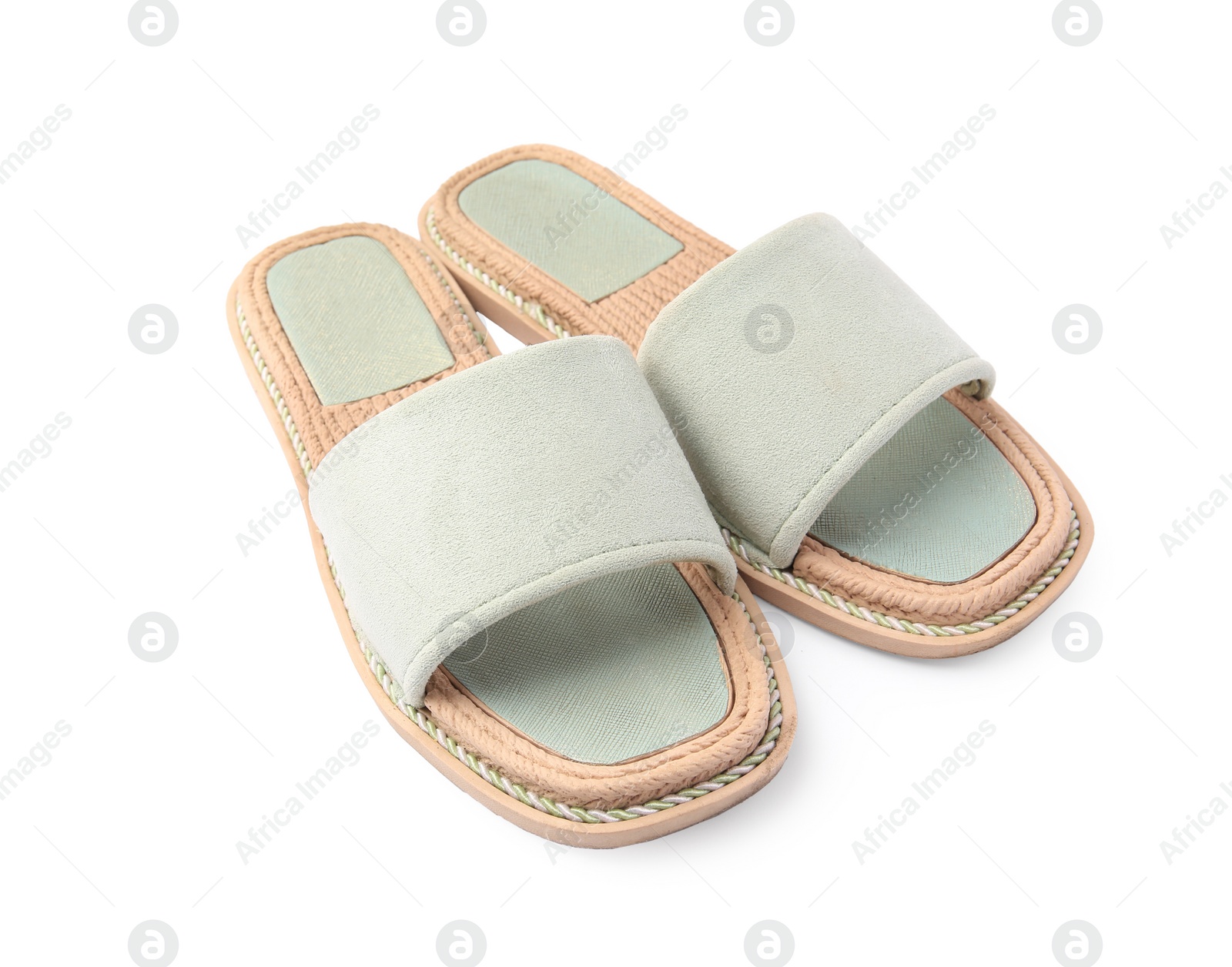 Photo of Stylish light grey slippers isolated on white