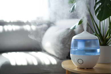 Photo of Modern air humidifier and houseplant on table in living room. Space for text