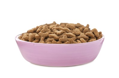 Dry food in violet pet bowl isolated on white