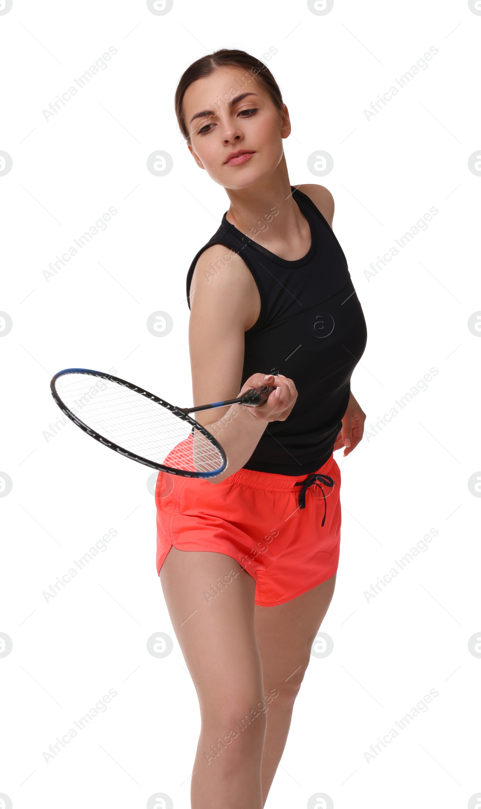 Photo of Young woman playing badminton with racket on white background