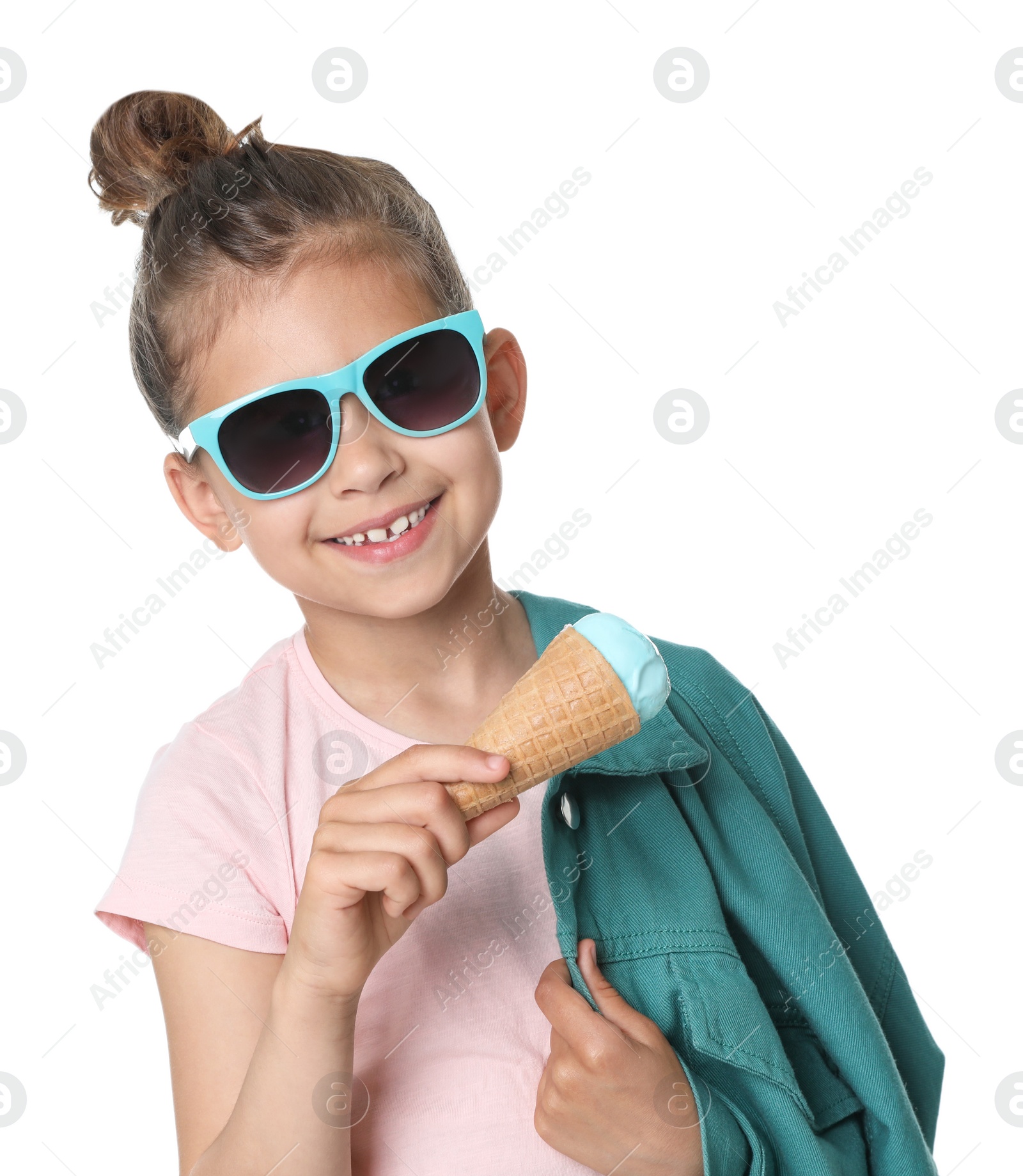 Photo of Adorable little girl with delicious ice cream on white background