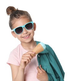 Adorable little girl with delicious ice cream on white background