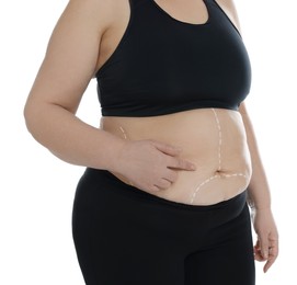 Photo of Obese woman with marks on body against white background, closeup. Weight loss surgery