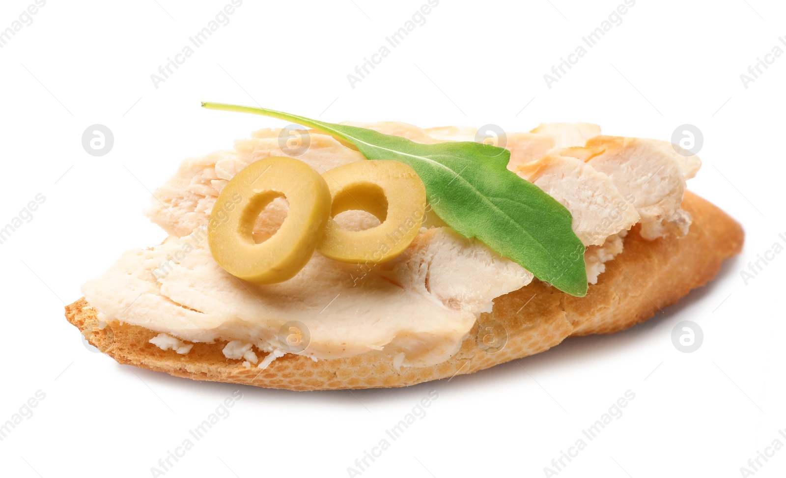 Photo of Delicious chicken bruschetta on white background. Traditional Italian antipasto