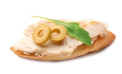 Delicious chicken bruschetta on white background. Traditional Italian antipasto