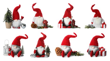 Set with funny Christmas gnomes and festive decor on white background. Banner design 
