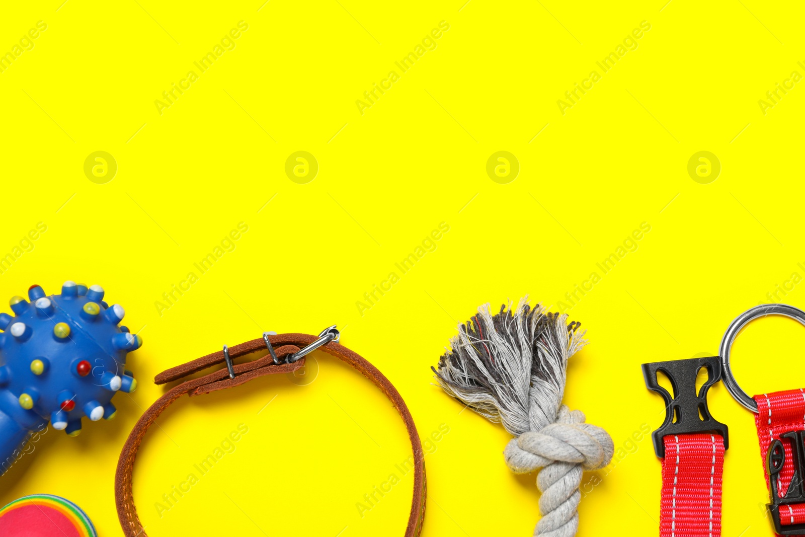 Photo of Flat lay composition with dog collar and toys on yellow background. Space for text