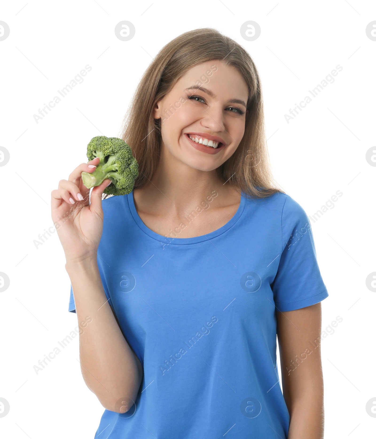 Photo of Portrait of happy woman with broccoli on white background