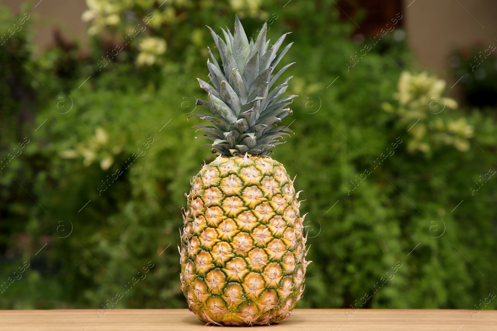 Photo of Delicious ripe pineapple on wooden table outdoors