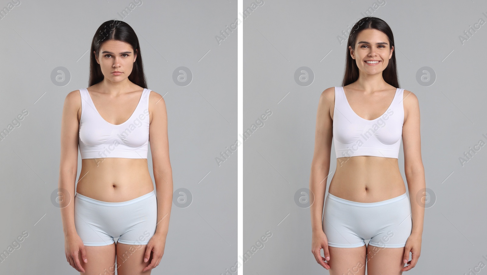 Image of Collage with portraits of woman before and after weight loss on light background