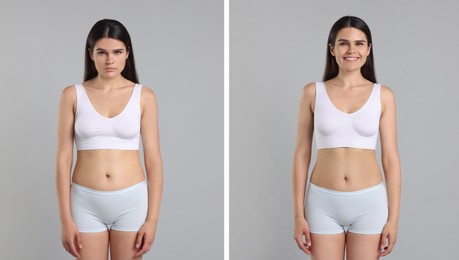 Image of Collage with portraits of woman before and after weight loss on light background