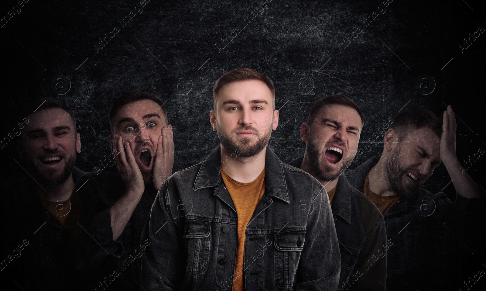 Image of Man with personality disorder on dark background, multiple exposure 