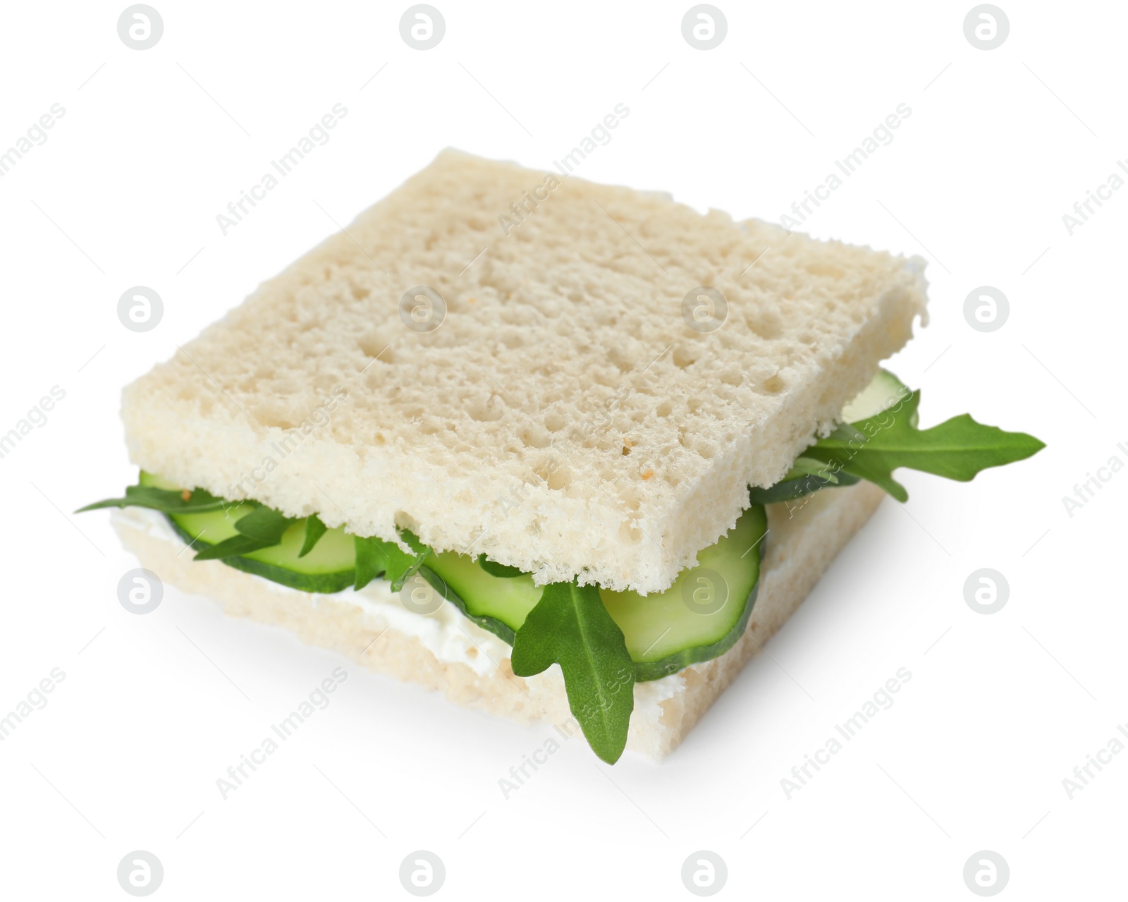 Photo of Tasty cucumber sandwich with arugula isolated on white