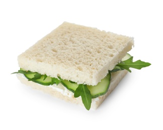 Photo of Tasty cucumber sandwich with arugula isolated on white