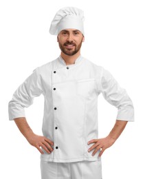 Smiling mature male chef on white background