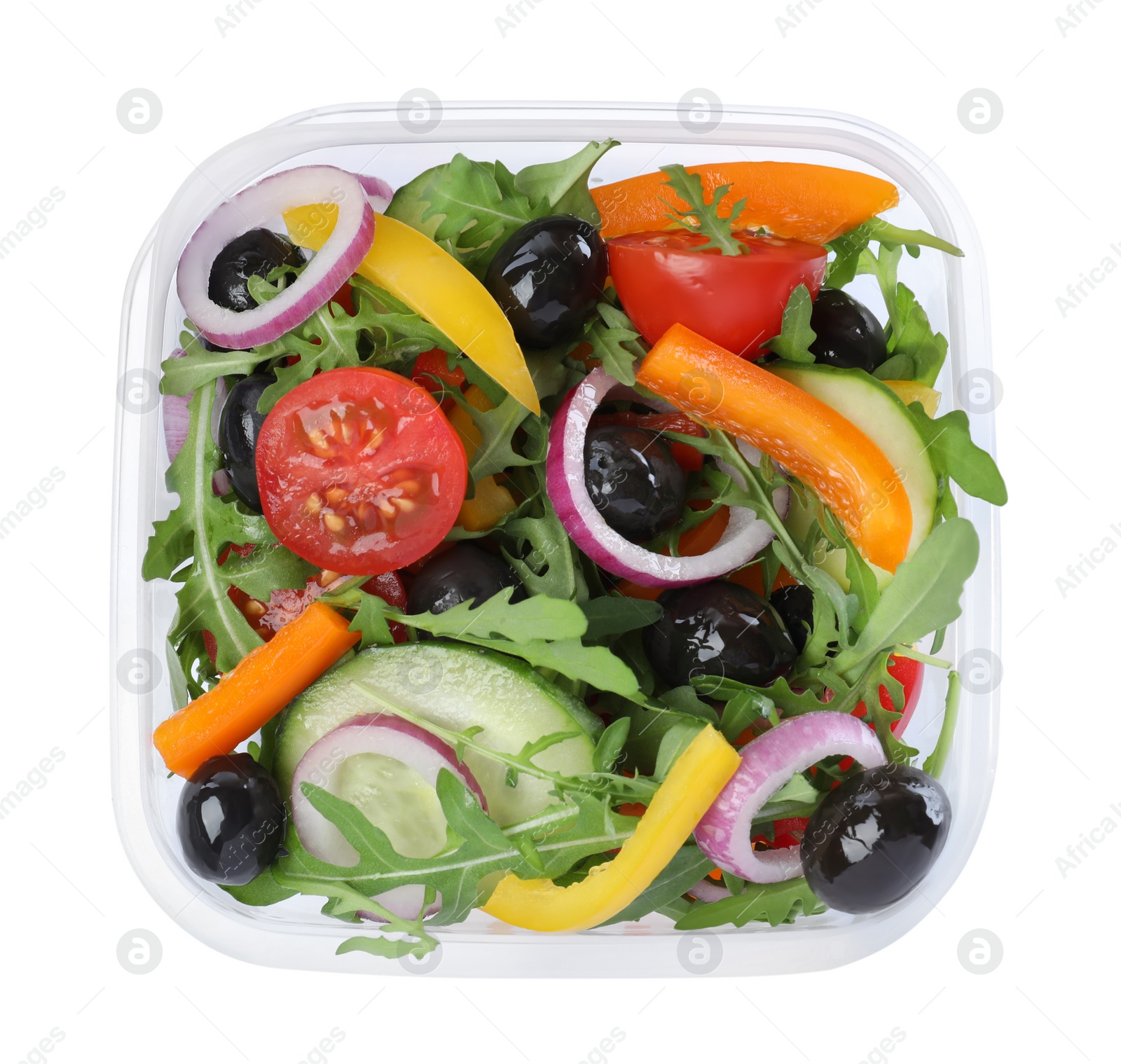 Photo of Tasty vegetable salad with olives in plastic container isolated on white, top view