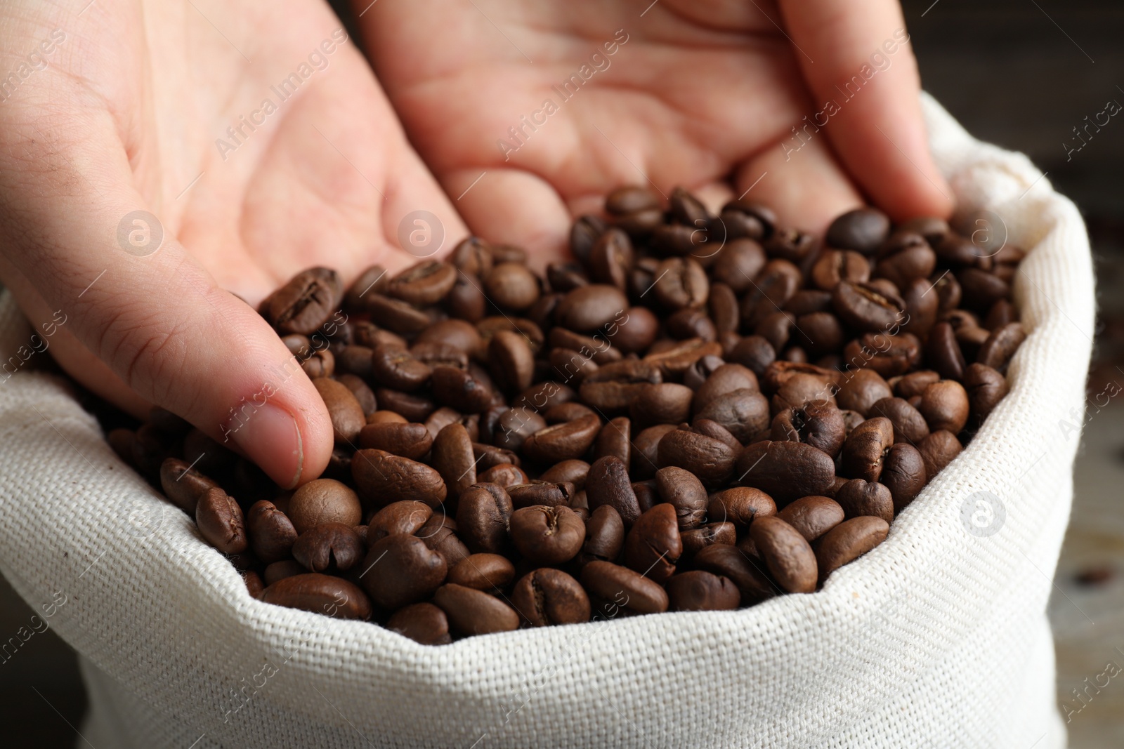 Photo of Woman taking roasted coffee beans from bag, closeup