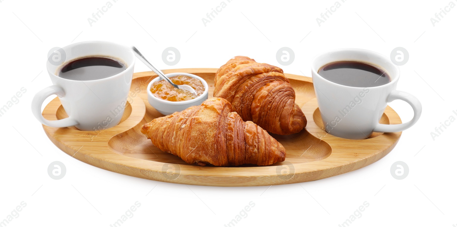 Photo of Tasty breakfast. Cups of coffee, jam and croissants isolated on white