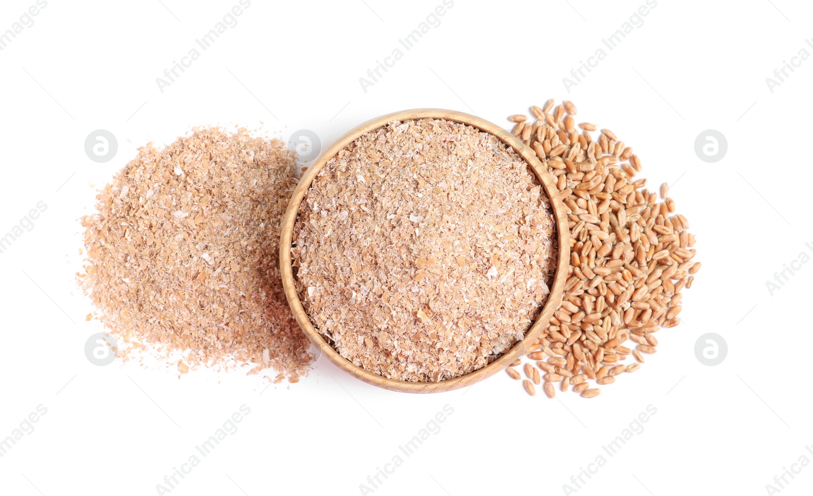 Photo of Wheat bran and kernels on white background, top view